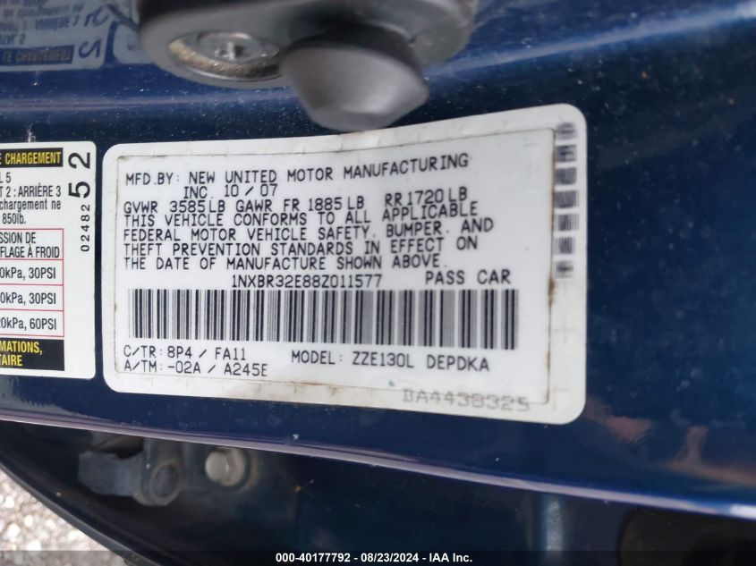 2008 Toyota Corolla Ce VIN: 1NXBR32E88Z011577 Lot: 40177792