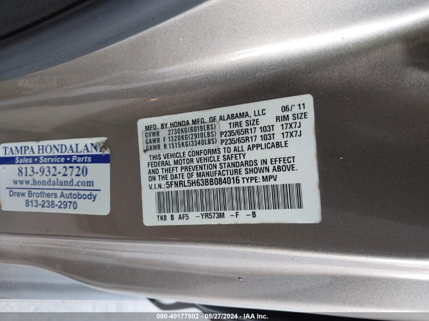 5FNRL5H63BB0840 2011 Honda Odyssey Exl