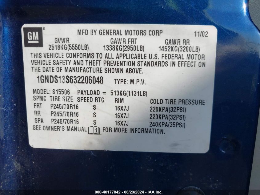 2003 Chevrolet Trailblazer Ls VIN: 1GNDS13S632206048 Lot: 40177842