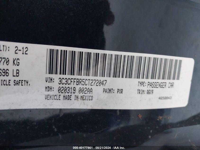 2012 Fiat 500 Sport VIN: 3C3CFFBR5CT272047 Lot: 40177861