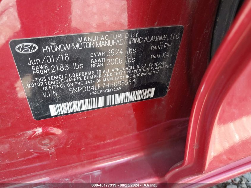 VIN 5NPD84LF7HH085564 2017 HYUNDAI ELANTRA SE