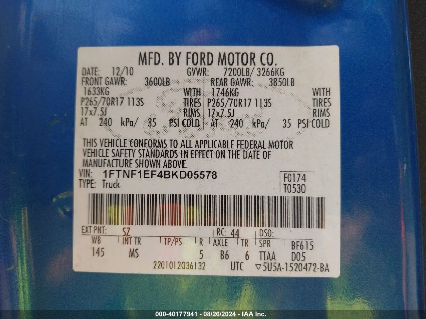 1FTNF1EF4BKD05578 2011 Ford F-150 Xlt