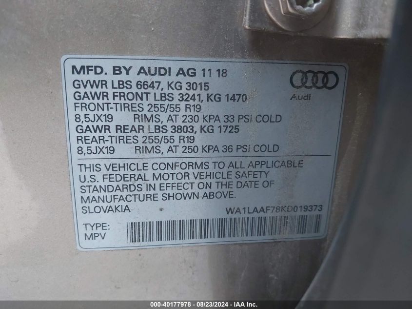 WA1LAAF78KD019373 2019 Audi Q7 55 Premium