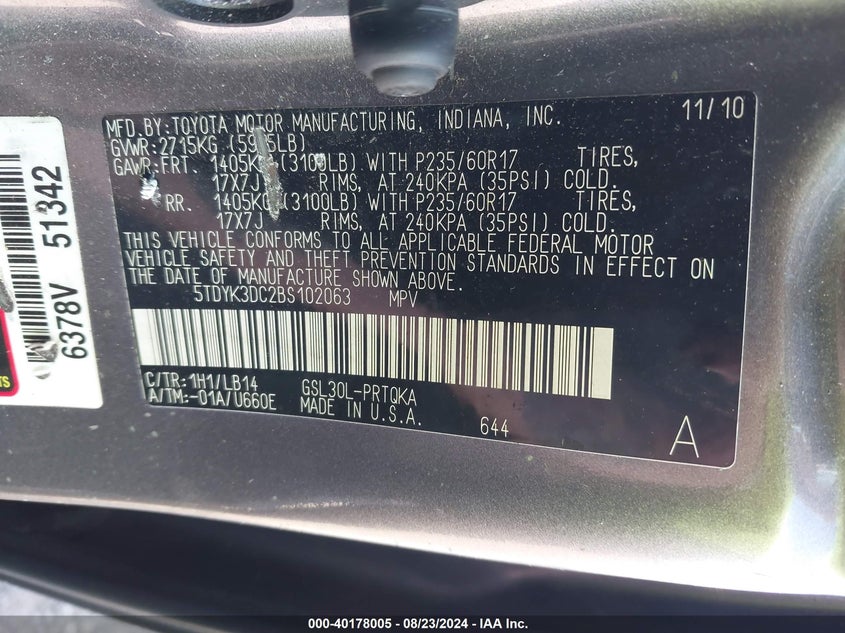 2011 Toyota Sienna Xle V6 VIN: 5TDYK3DC2BS102063 Lot: 40178005