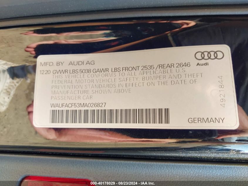 WAUFACF53MA026827 2021 Audi A5 Sportback Premium Plus 45 Tfsi Quattro S Tronic