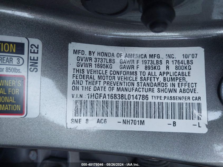 2008 Honda Civic Ex VIN: 1HGFA16838L014786 Lot: 40178046