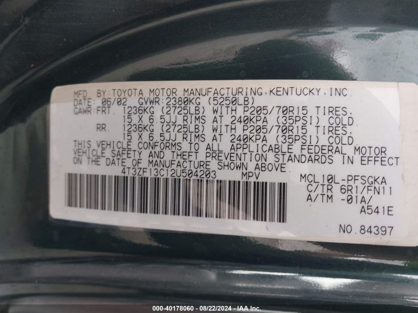 2002 Toyota Sienna Le VIN: 4T3ZF13C12U504203 Lot: 40178060