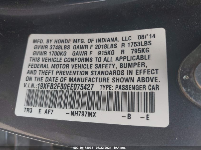 2014 Honda Civic Lx VIN: 19XFB2F50EE075427 Lot: 40178068