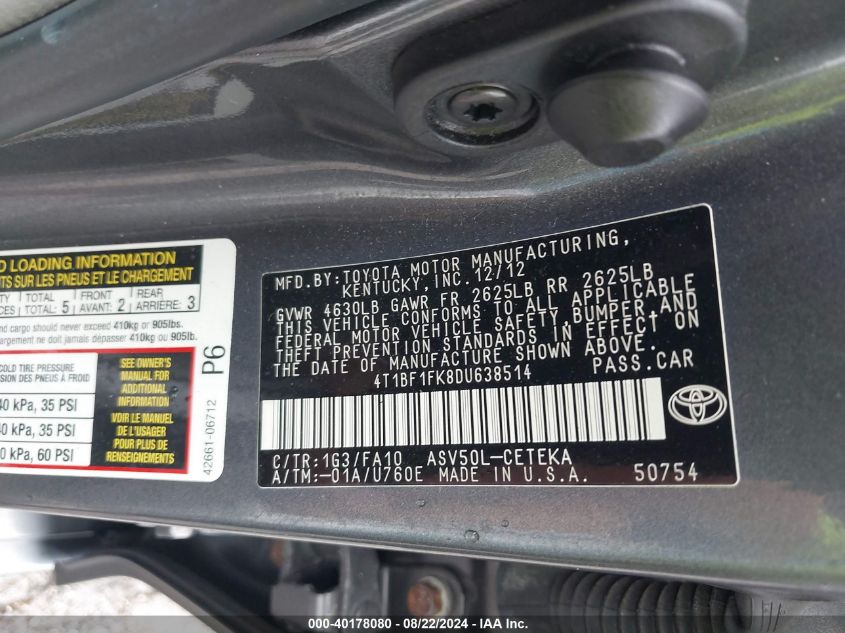 4T1BF1FK8DU638514 2013 Toyota Camry L