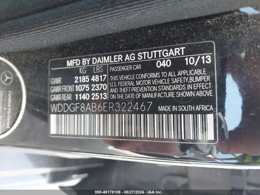 2014 Mercedes-Benz C 300 Luxury 4Matic/Sport 4Matic VIN: WDDGF8AB6ER322467 Lot: 40178109