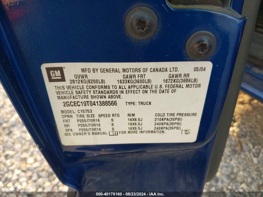 2004 Chevrolet Silverado 1500 Ls VIN: 2GCEC19T041388566 Lot: 40178160