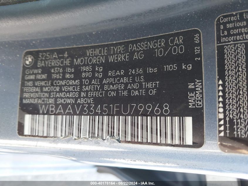 2001 BMW 325I VIN: WBAAV33451FU79968 Lot: 40178164