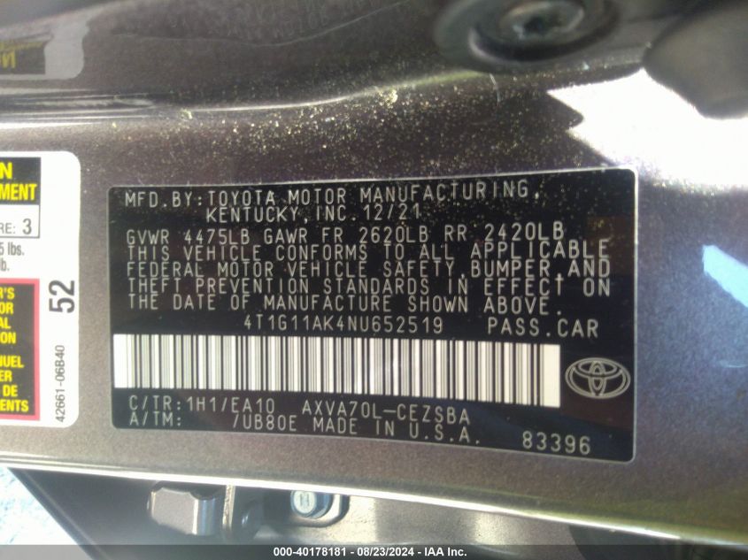 4T1G11AK4NU652519 2022 Toyota Camry Se