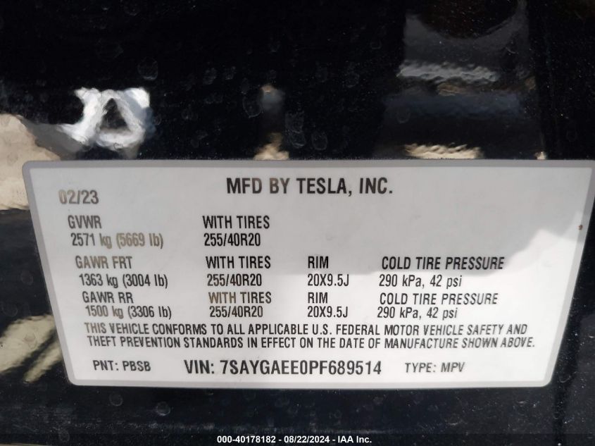 2023 Tesla Model Y Awd/Long Range Dual Motor All-Wheel Drive VIN: 7SAYGAEE0PF689514 Lot: 40178182