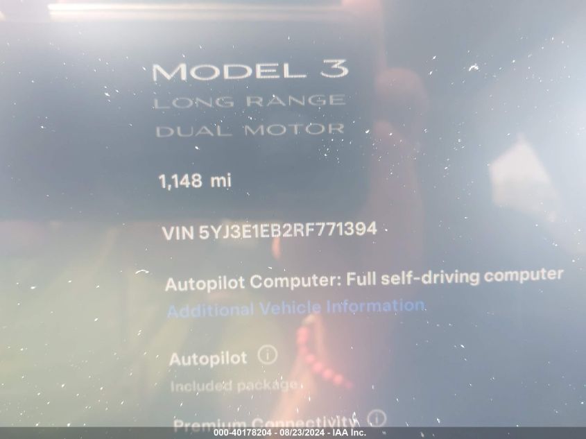 2024 Tesla Model 3 Long Range Dual Motor All-Wheel Drive VIN: 5YJ3E1EB2RF771394 Lot: 40178204