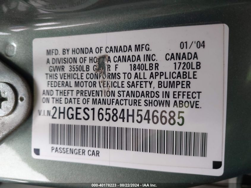 2004 Honda Civic Lx VIN: 2HGES16584H546685 Lot: 40178223