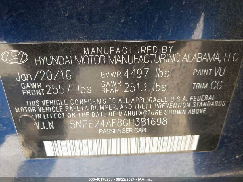 2016 Hyundai Sonata Se VIN: 5NPE24AF8GH381698 Lot: 40178238