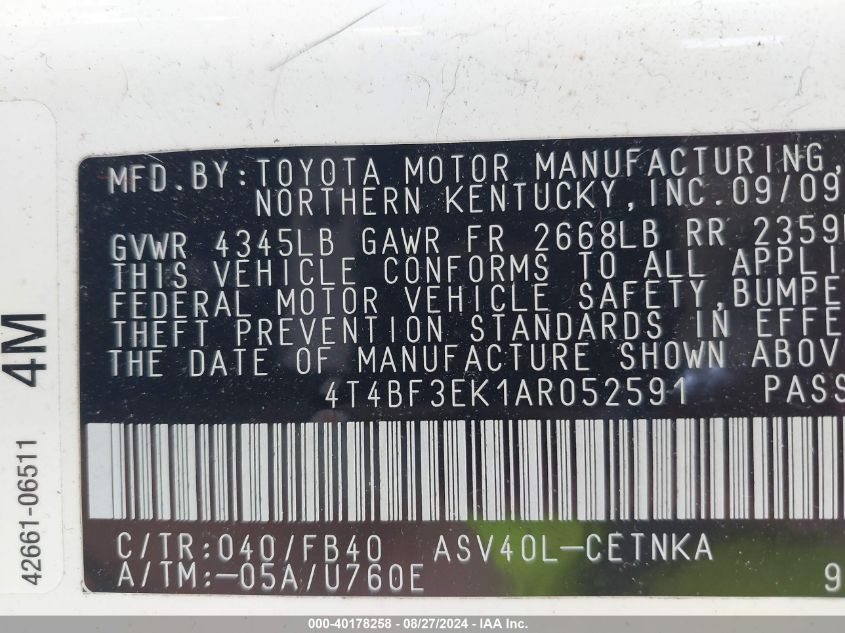 2010 Toyota Camry Le VIN: 4T4BF3EK1AR052591 Lot: 40178258