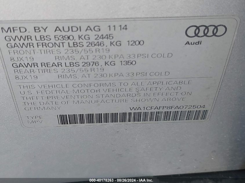 WA1CFAFP8FA072504 2015 Audi Q5 2.0T Premium