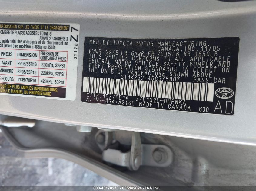 2T1KR32E46C575807 2006 Toyota Matrix Xr