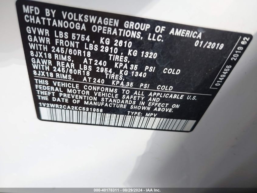 1V2WR2CA2KC531958 2019 Volkswagen Atlas 3.6L V6 Se W/Technology