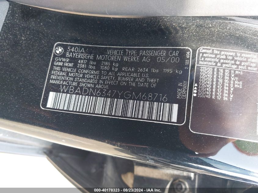 2000 BMW 540Ia VIN: WBADN6347YGM68716 Lot: 40178323