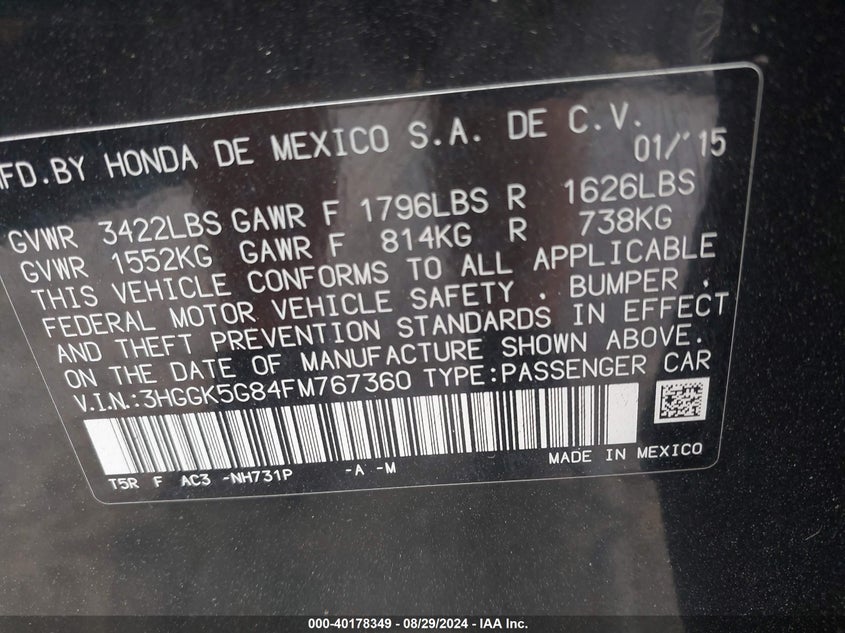 2015 HONDA FIT EX - 3HGGK5G84FM767360