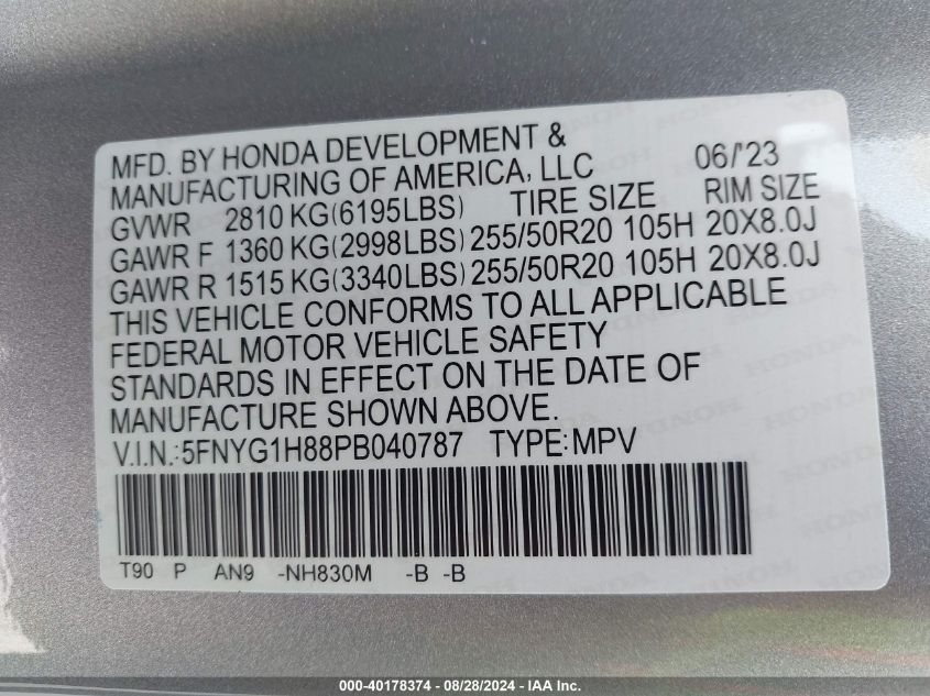 2023 Honda Pilot Awd Elite VIN: 5FNYG1H88PB040787 Lot: 40178374