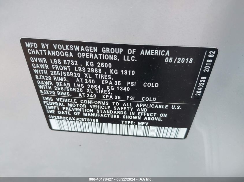 1V2SR2CAXJC573758 2018 Volkswagen Atlas 3.6L V6 Sel