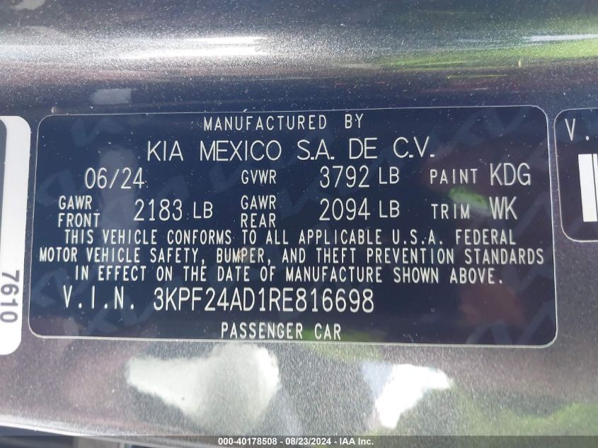 2024 Kia Forte Lxs VIN: 3KPF24AD1RE816698 Lot: 40178508