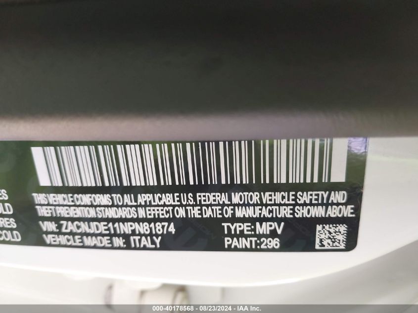 2022 Jeep Renegade Altitude 4X4 VIN: ZACNJDE11NPN81874 Lot: 40178568