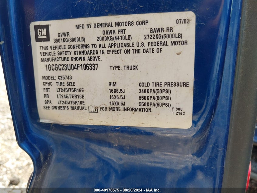 2004 Chevrolet Silverado 2500 Ls VIN: 1GCGC23U04F106337 Lot: 40178575