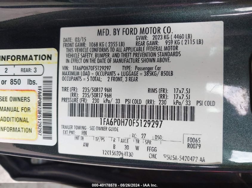 2015 Ford Fusion Se VIN: 1FA6P0H70F5129297 Lot: 40178578