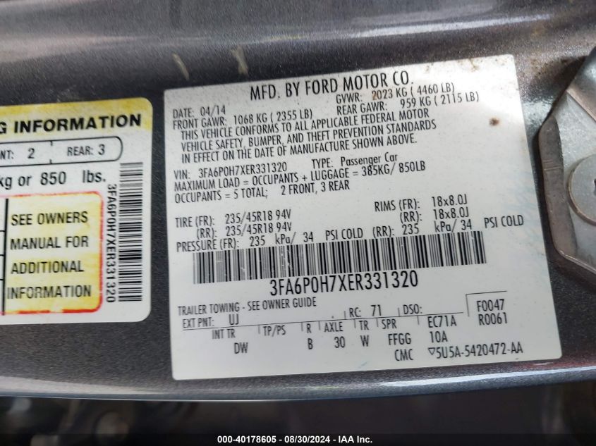 2014 FORD FUSION SE - 3FA6P0H7XER331320