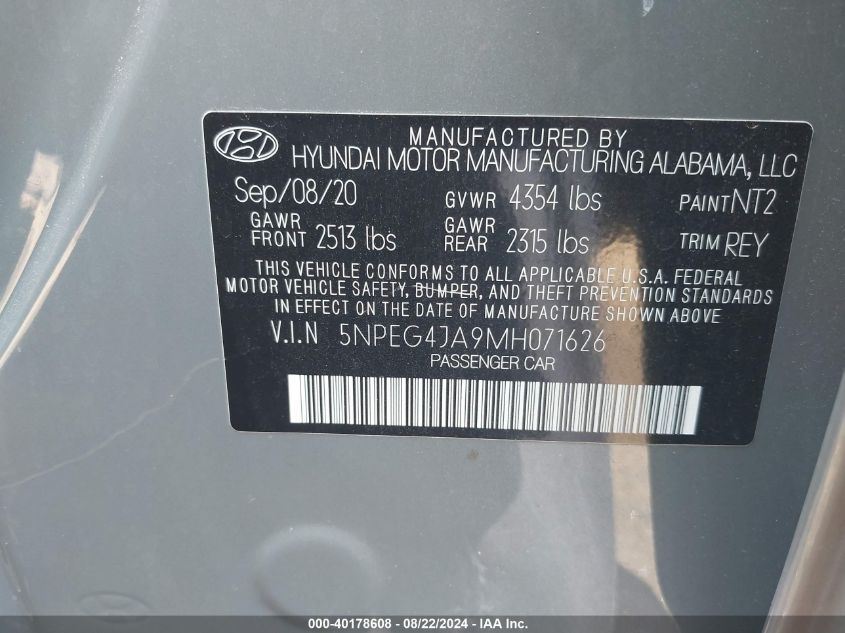 2021 Hyundai Sonata Se VIN: 5NPEG4JA9MH071626 Lot: 40178608