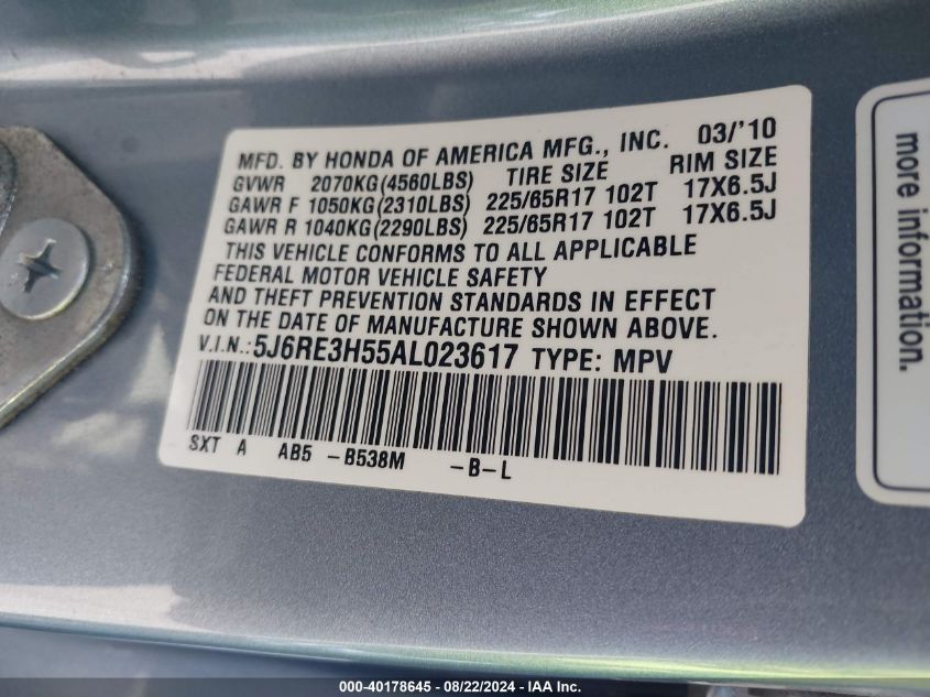 2010 Honda Cr-V Ex VIN: 5J6RE3H55AL023617 Lot: 40178645