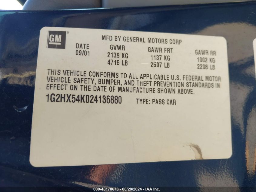 2002 Pontiac Bonneville Se VIN: 1G2HX54K024136880 Lot: 40178673