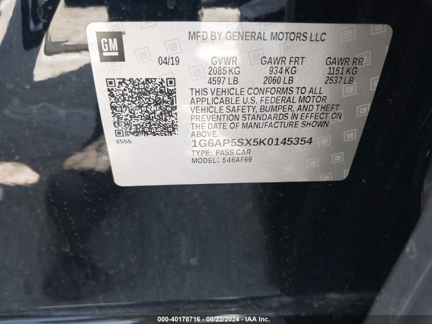 1G6AP5SX5K0145354 2019 Cadillac Cts Standard