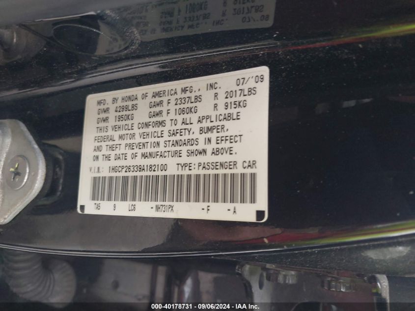 1HGCP26339A182100 2009 Honda Accord Lx