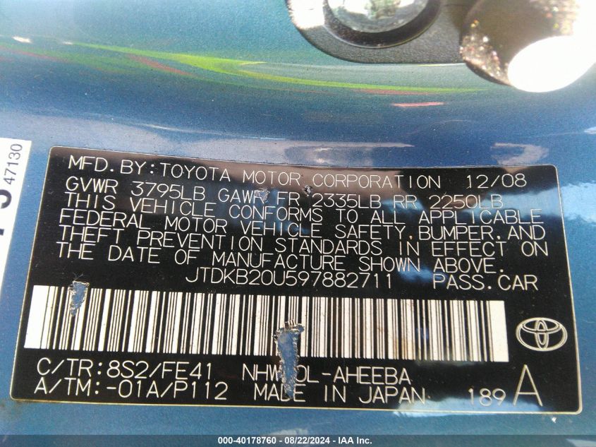 2009 Toyota Prius VIN: JTDKB20U597882711 Lot: 40178760