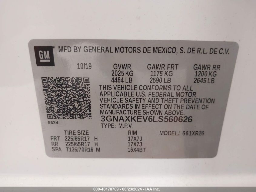 2020 Chevrolet Equinox Fwd Lt 1.5L Turbo VIN: 3GNAXKEV6LS560626 Lot: 40178789