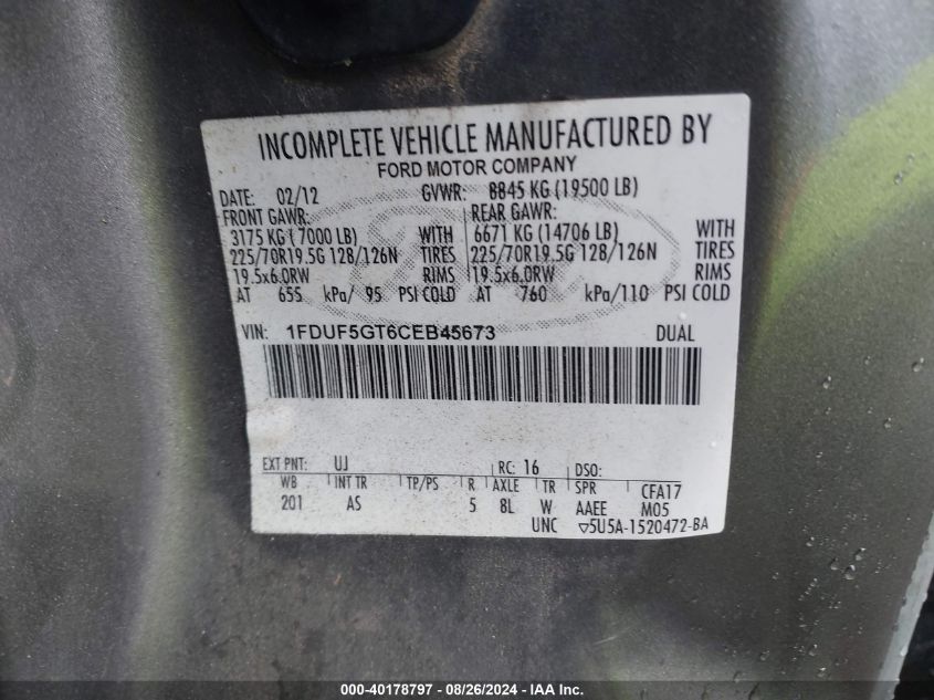 1FDUF5GT6CEB45673 2012 Ford F-550 Chassis Xl