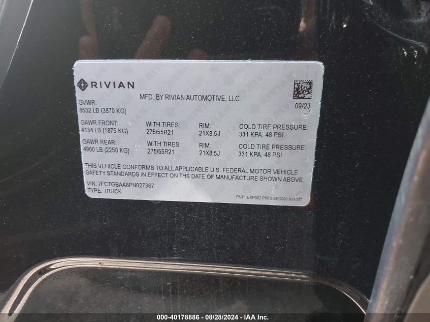 2023 Rivian R1T Adventure/Adventure Dual Motor Large Pack/Adventure Dual Motor Max Pack VIN: 7FCTGBAA8PN027367 Lot: 40178886