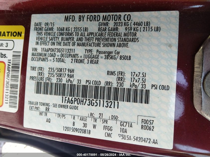 2016 FORD FUSION SE - 1FA6P0H73G5113211