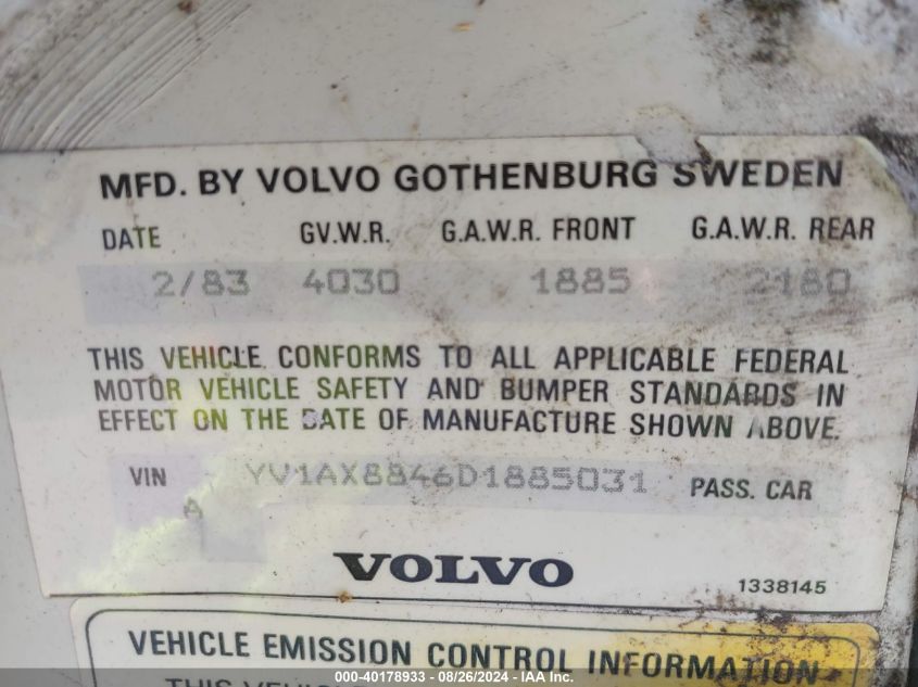 1983 Volvo 244 Dl/Gl VIN: YV1AX8846D1885031 Lot: 40178933