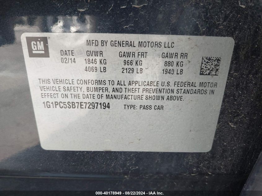 2014 Chevrolet Cruze 1Lt Auto VIN: 1G1PC5SB7E7297194 Lot: 40178949