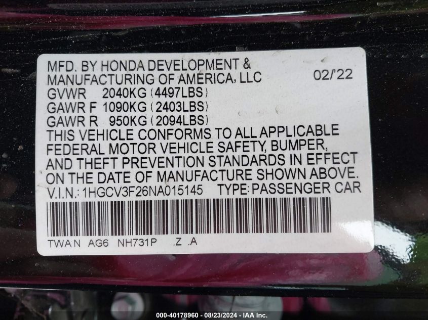 2022 Honda Accord Hybrid Sport VIN: 1HGCV3F26NA015145 Lot: 40178960