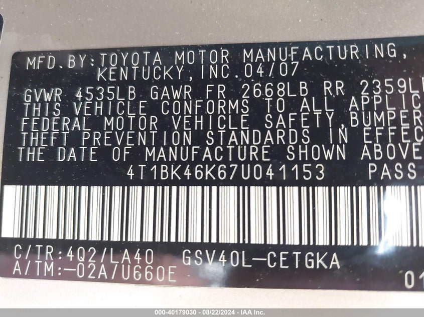 2007 Toyota Camry Xle V6 VIN: 4T1BK46K67U041153 Lot: 40179030