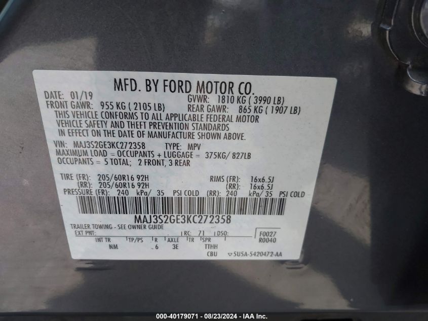 MAJ3S2GE3KC272358 2019 Ford Ecosport Se