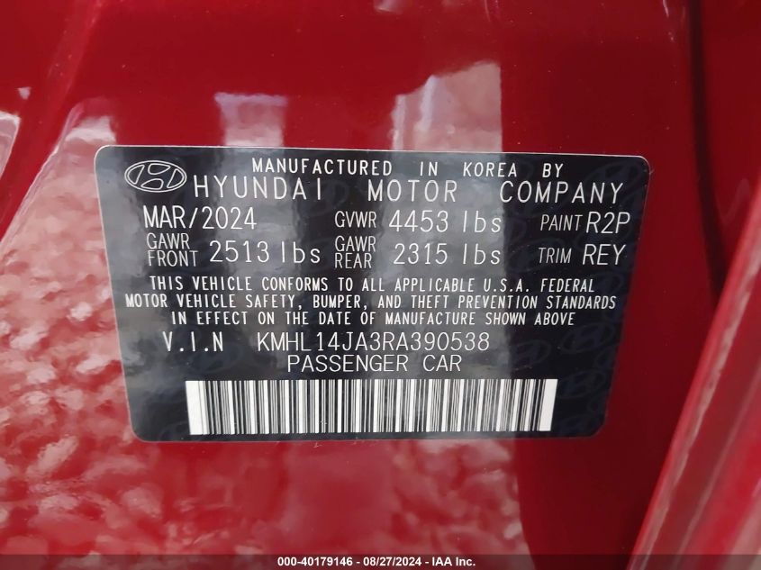 2024 Hyundai Sonata Sel VIN: KMHL14JA3RA390538 Lot: 40179146